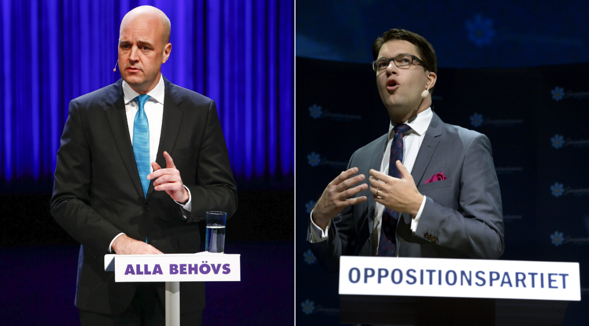Fredrik Reinfeldt (M) och Jimmie Åkesson (SD).